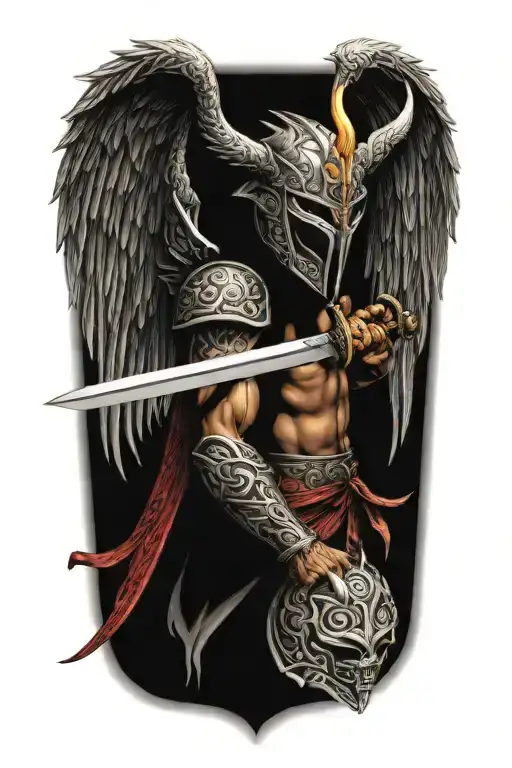 Angel With A Dragon Tribal Helmet Holding A Sword Made Of Fire