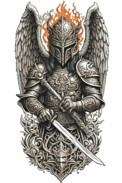 Angel With A Dragon Tribal Helmet Holding A Sword Made Of Fire