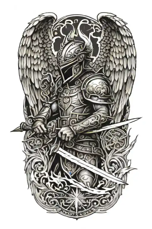 Angel With A Dragon Tribal Helmet Holding A Sword Made Of Fire