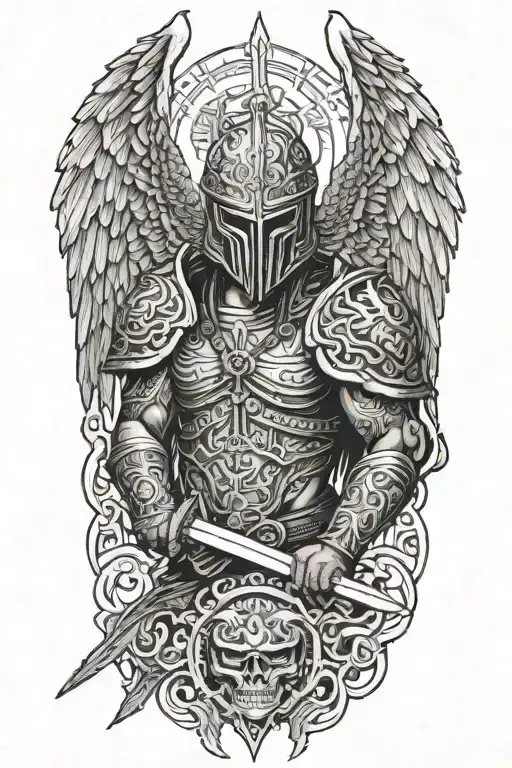 Angel With A Dragon Tribal Helmet Holding A Sword Made Of Fire