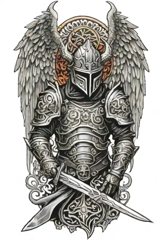 Angel With A Dragon Tribal Helmet Holding A Sword Made Of Fire