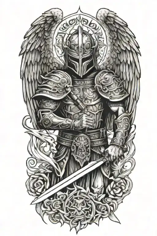 Angel With A Dragon Tribal Helmet Holding A Sword Made Of Fire