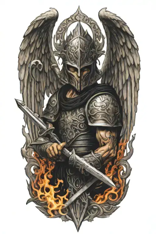 Angel With A Dragon Tribal Helmet Holding A Sword Made Of Fire
