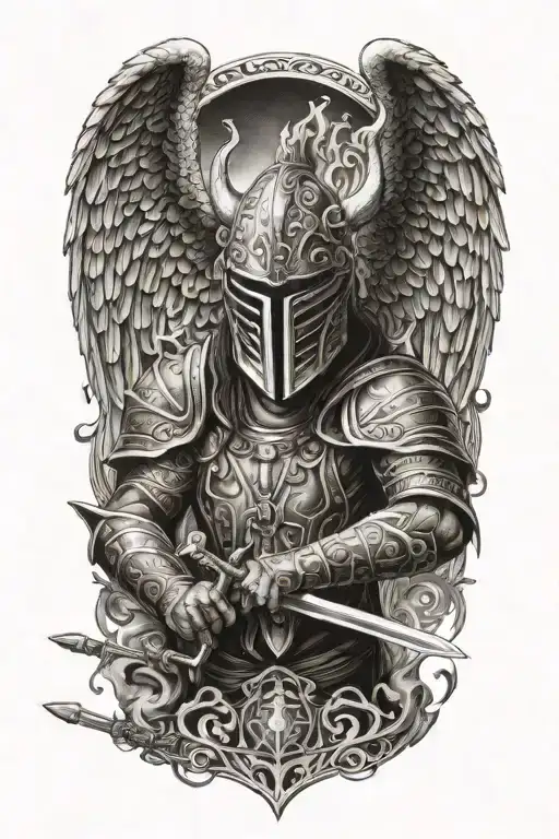 Angel With A Dragon Tribal Helmet Holding A Sword Made Of Fire