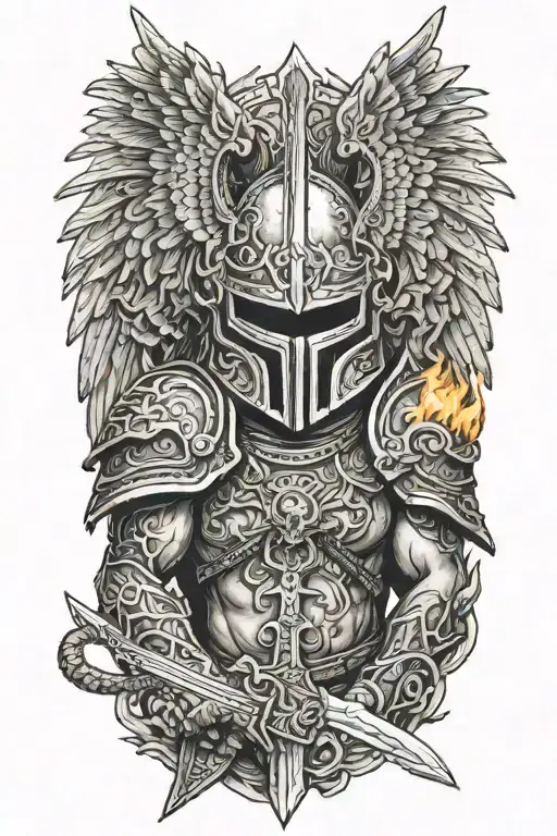 Angel With A Dragon Tribal Helmet Holding A Sword Made Of Fire