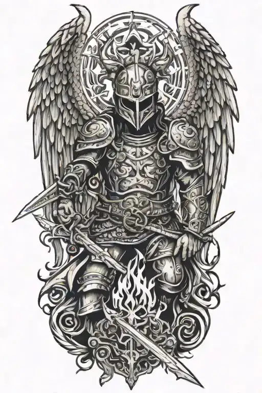 Angel With A Dragon Tribal Helmet Holding A Sword Made Of Fire