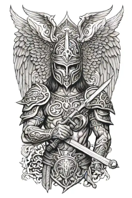Angel With A Dragon Tribal Helmet Holding A Sword