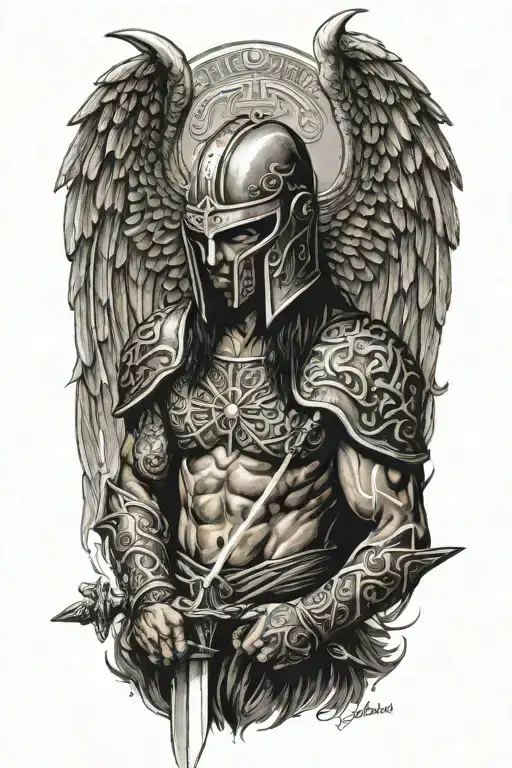 Angel With A Dragon Tribal Helmet Holding A Sword