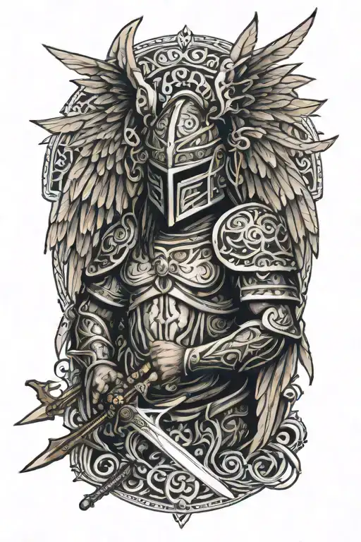 Angel With A Dragon Tribal Helmet Holding A Sword