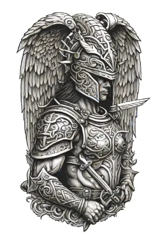 Angel With A Dragon Tribal Helmet Holding A Sword