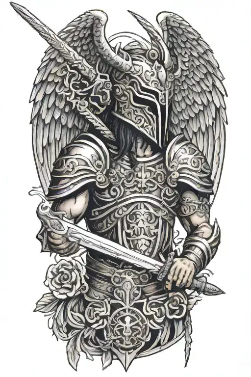 Angel With A Dragon Tribal Helmet Holding A Sword