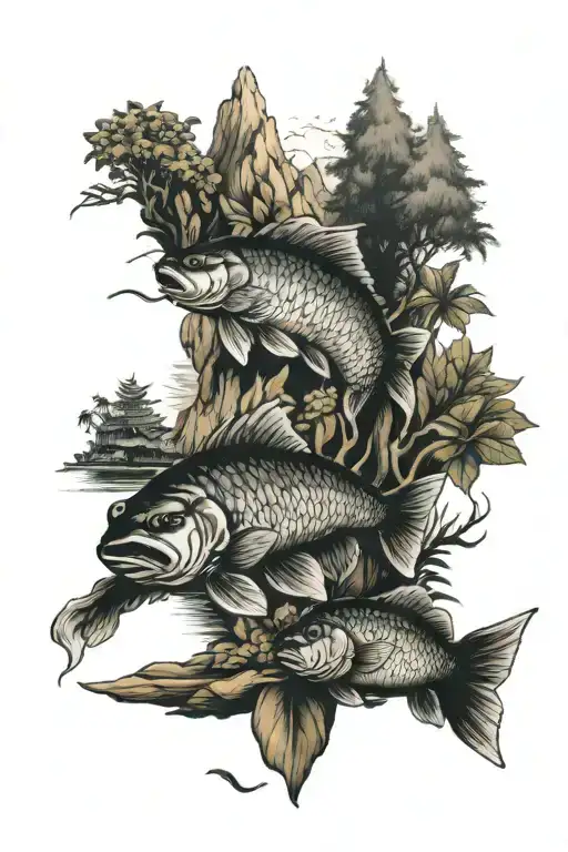 Island With Mountain Carp Fish Swimming