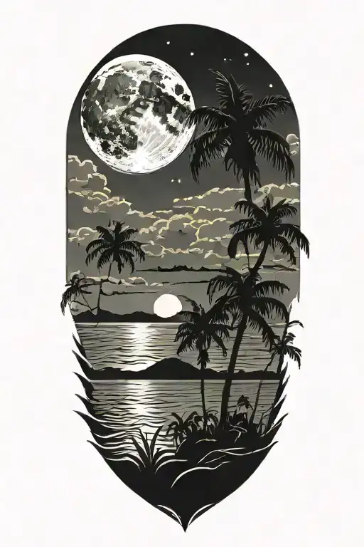 Moon Setting Over The Ocean With Palm Trees Dark In The Foreground