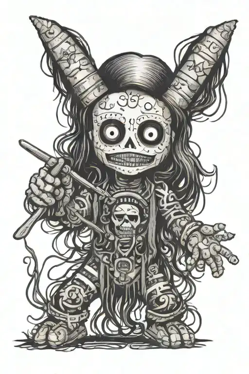Standing Psychedelic Male Voodoo Doll With Long Hair And Needle Through Body