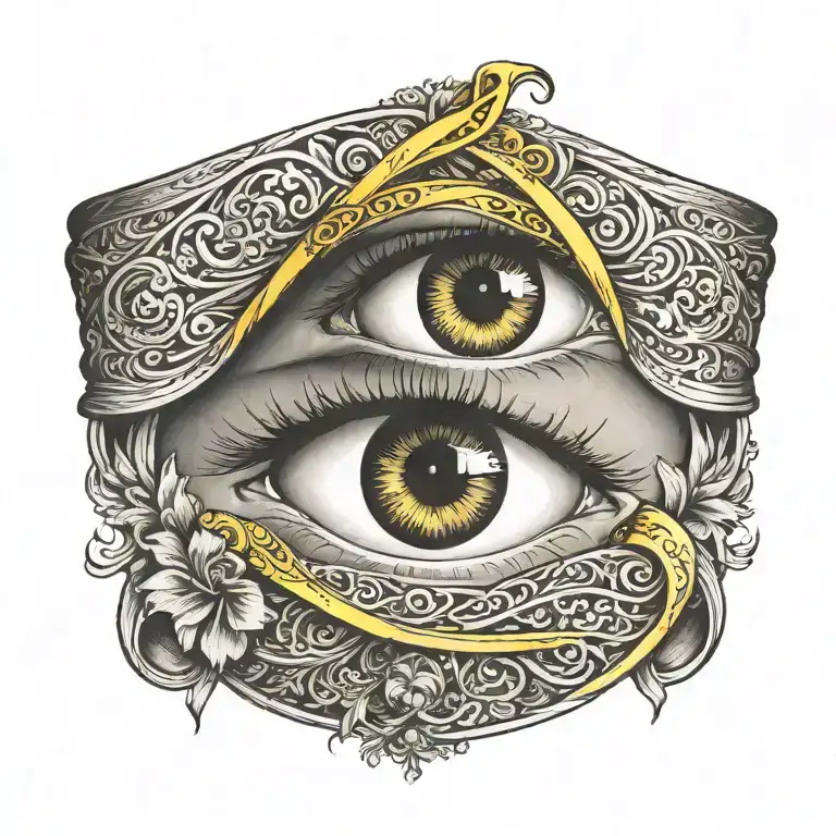 Eye Tattoo Inside Of A Yellow Cancer Ribbon With A Child's Silhouette