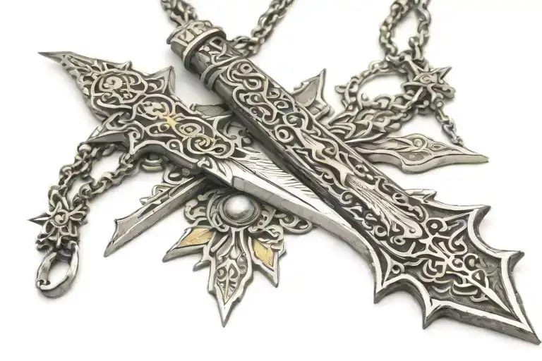 Bowie Knife With Eagle Eyes On Blade And Attached To A Cross Necklace