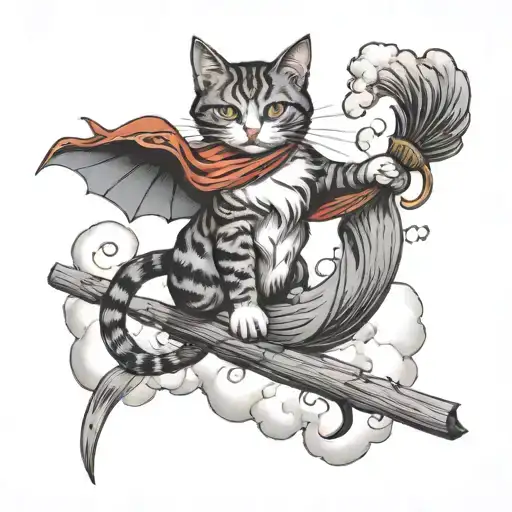 Cat Flying On A Broom Above The Clouds