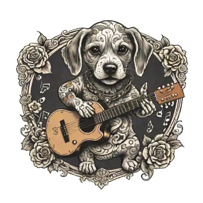 A Whimsical Design Of A Cute Dog Playing A Guitar Surrounded By Musical Notes And Flower And Heart