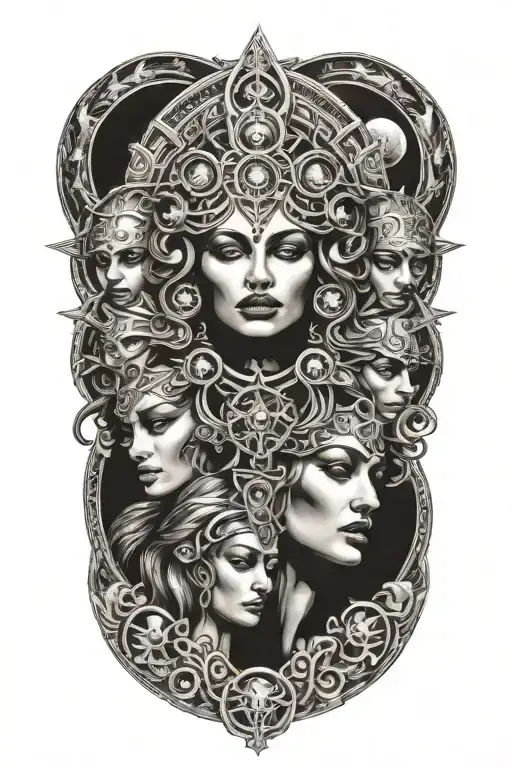 Hekate Three Faces Stare Moons Over Her Head Emerging