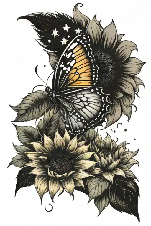 Butterfly And Sunflower With Stars And Leaves Coming