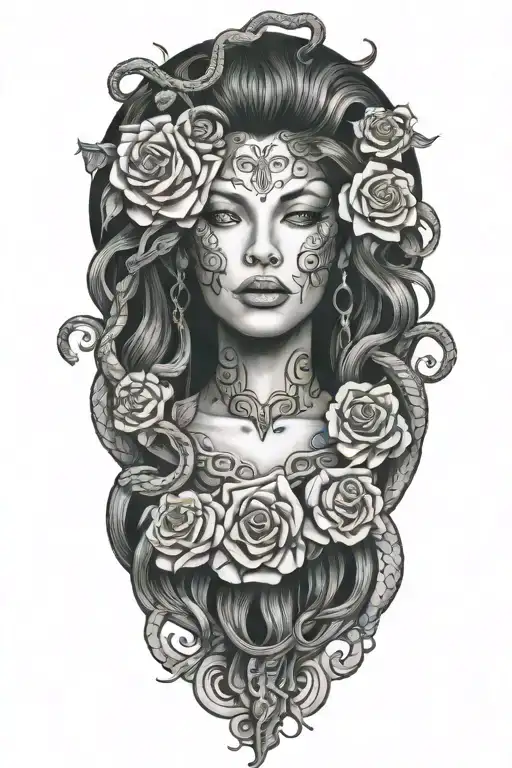 Medusa With Snakes For Hair And Roses Surrounding