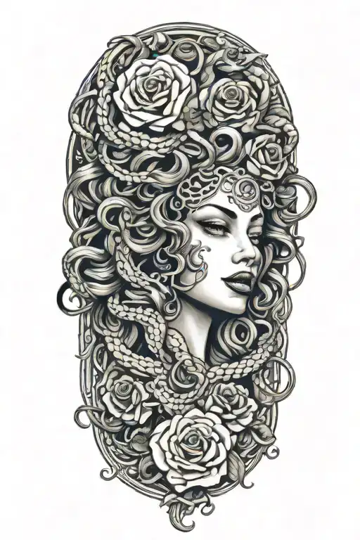 Medusa With Snakes For Hair And Roses Surrounding