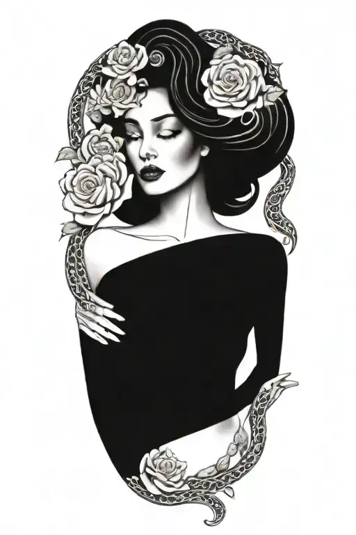 Medusa With Snakes For Hair And Roses Surrounding