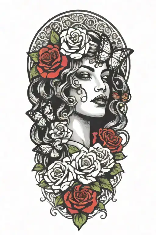 Traditional Style Tattoo Of Medusa's Head With Roses And Butterflies Framing Her