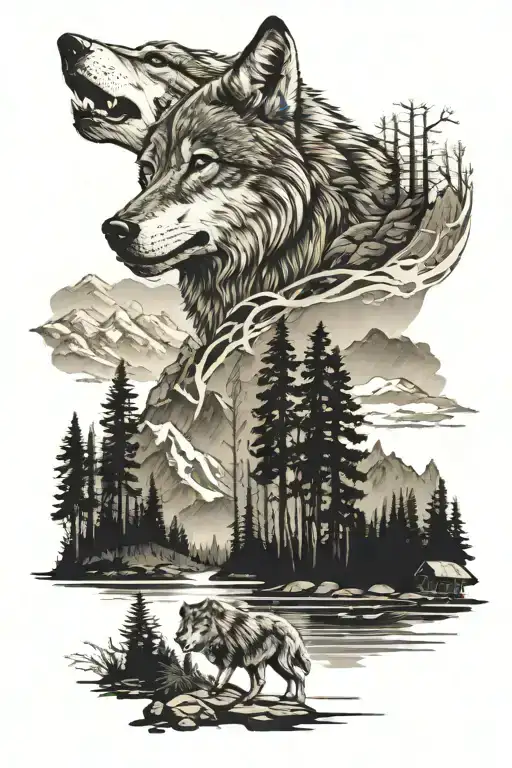 Wolf In Forest And Mountain Landscape And A Lake