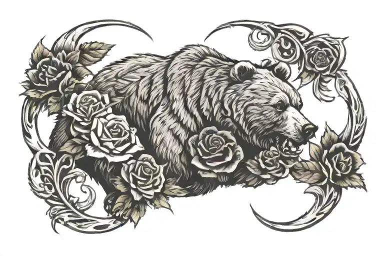 A Grizzly Bear Claw Made With Nordic Symbols Followed By Black Roses