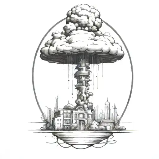 An Abstract Nuclear Explosion Mushroom Cloud Destroying A City In An Abstract Black Line Frame