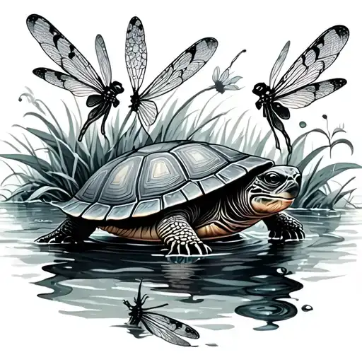 Turtle Surrounded By Dragonflies And Water Liles In Black And Grey