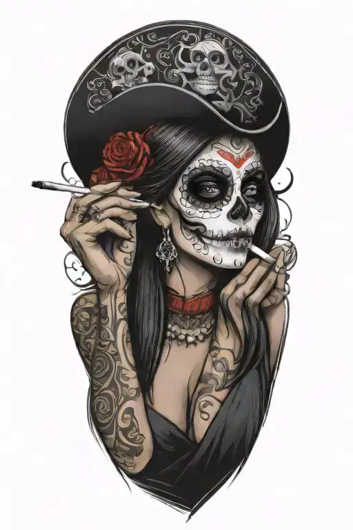 Sexy Woman Wit El Dia De Los Muertos Drinking Scotch And Smoking