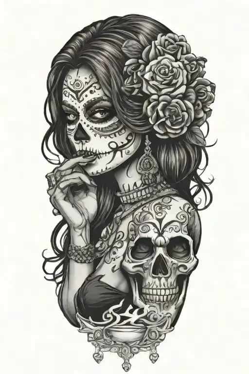 Sexy Woman Wit El Dia De Los Muertos Skull Drinking Scotch And Smoking