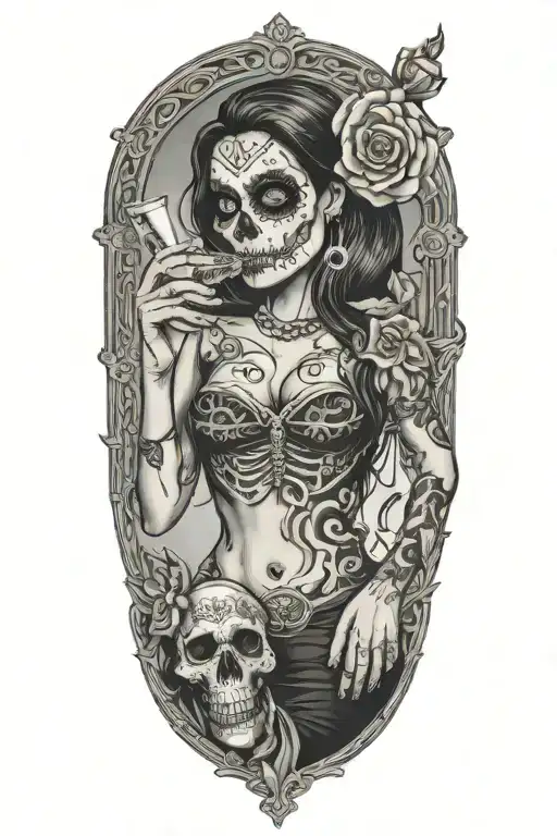 Sexy Woman Wit El Dia De Los Muertos Drinking Scotch And Smoking