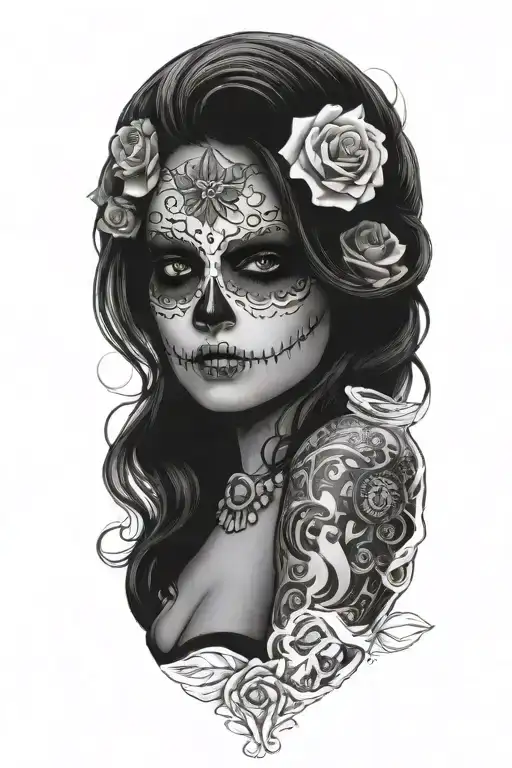 Sexy Woman Wit El Dia De Los Muertos Drinking And Smoking