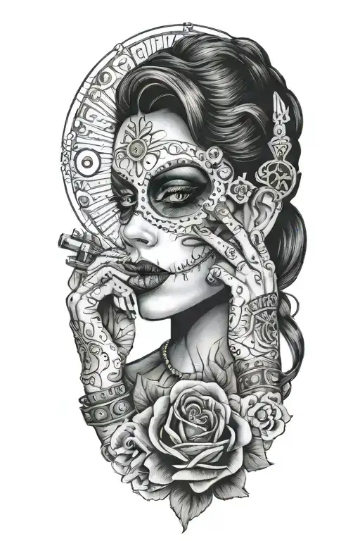 Sexy Woman With El Dia Dos Muertos And Fingers On Her Lips Holing Like A Gun