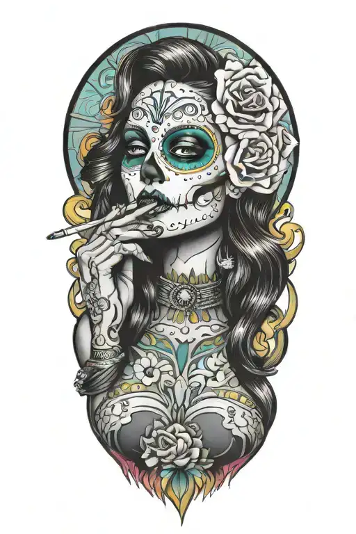 Sexy Woman El Dia De Los Muertos Fingers On Lips Blowing Colorful Smoking