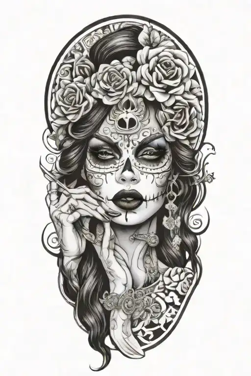 Sexy Woman El Dia De Los Muertos Fingers On Lips Blowing Smoking