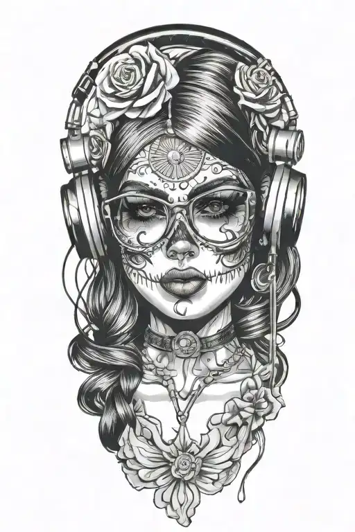 Sexy Woman With Pilot Glasses Candy Skull Wearing Headphones
