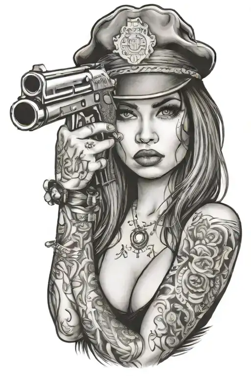 Sexy Woman Wit Gangster Tattoos In Her Face Holding A Gun