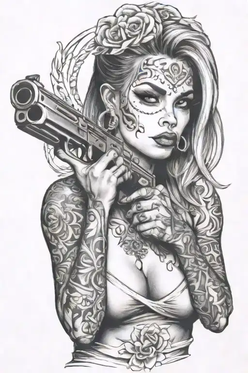 Sexy Woman With Gangster Tattoos In Her Face Holding A Gun