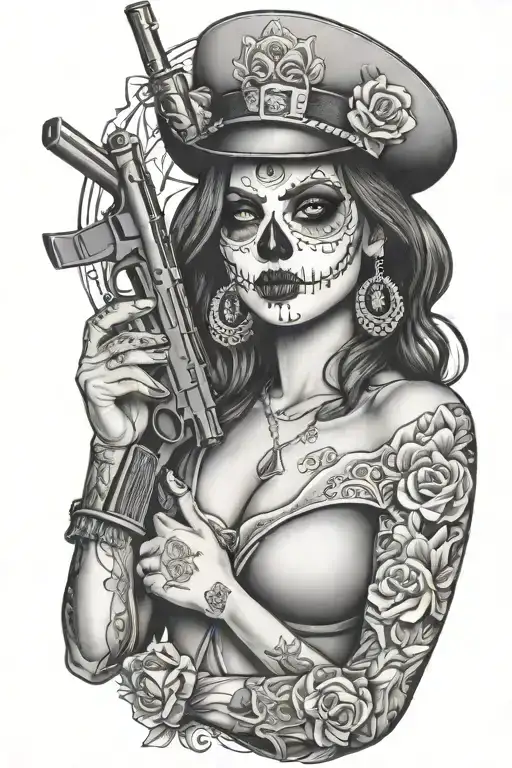 Candy Skull Chicano Gangster Woman Style Sleeve Tattoo Holding A Gun