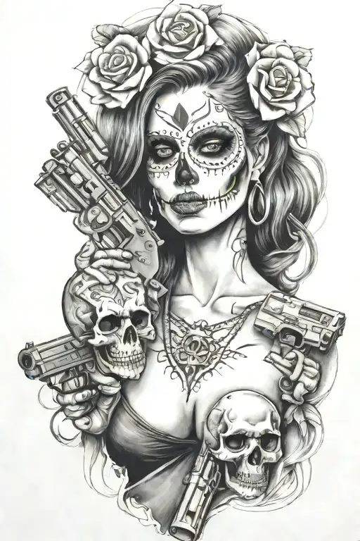 Woman Skull Guns Money Drugs