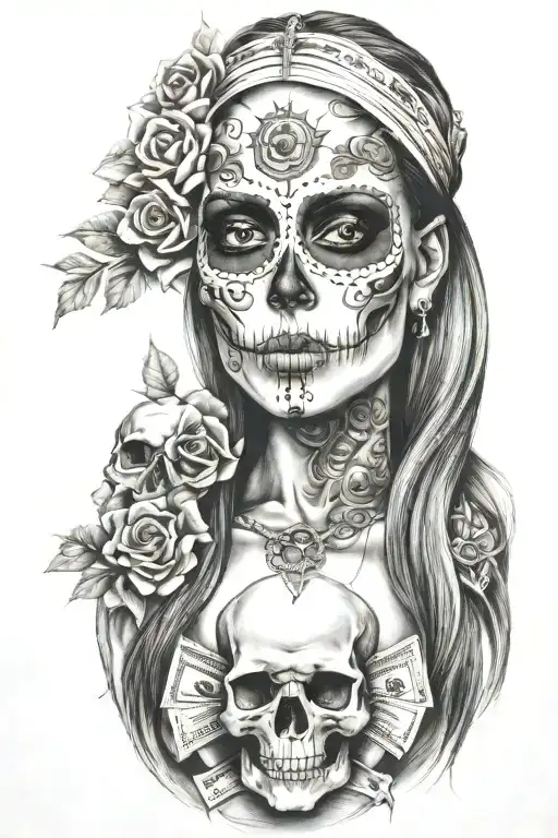 Woman Skull Money Drugs Incorporated Into The Picture