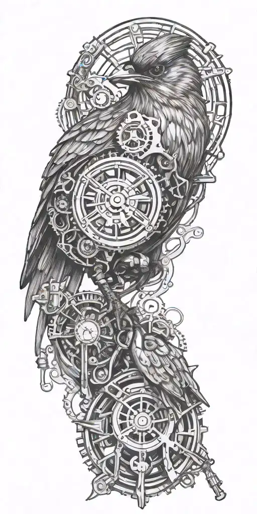 A Steampunk Inspired Tattoo Combining Engine With A Majestic Robin In A Blackwork Style
