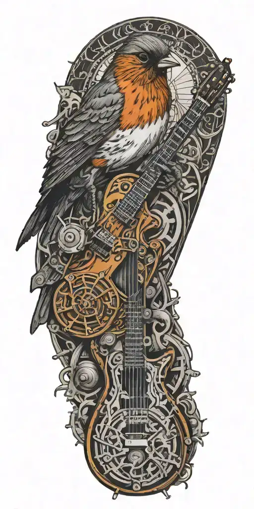 A Steampunk Inspired Tattoo Combining Guitar With A Majestic Robin In A Blackwork Style