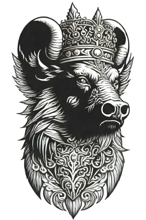 Angry Boar Head With Wings Wearing A Crown With Blue Eyes