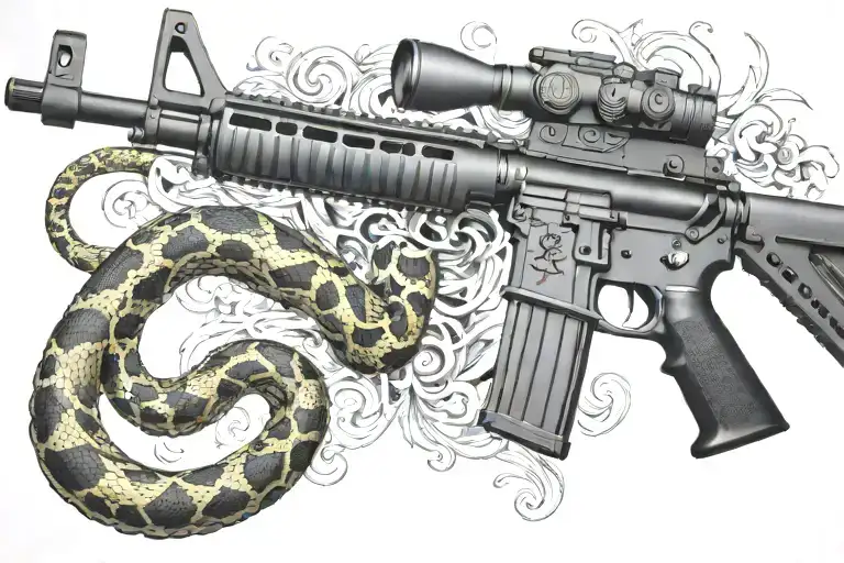 Rattled Snake Wrappped Around Ar 15 Rifle