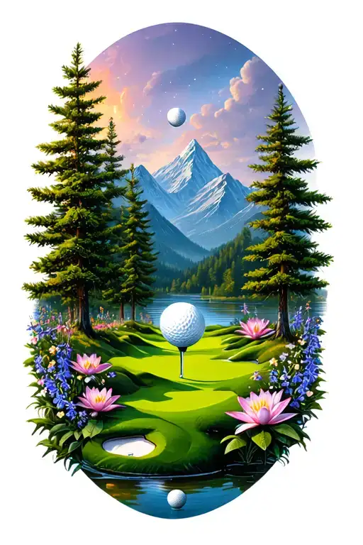 Mystical Golf Course Landscape With Golf Ball Mountain Flowers Pine Trees Water Lily Larkspur